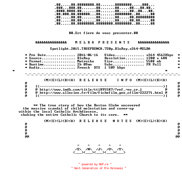 NFO for the release Spotlight.2015.TRUEFRENCH.720p.BluRay.x264-MELBA by MELBA