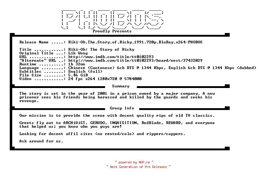 NFO for the release Riki-Oh.The.Story.of.Ricky.1991.720p.BluRay.x264-PHOBOS by PHOBOS