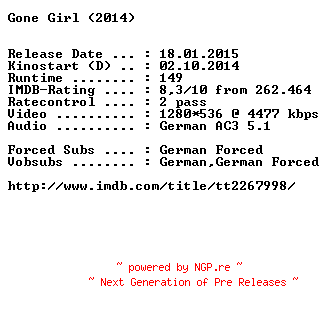NFO for the release Gone.Girl.Das.Perfekte.Opfer.2014.German.720p.BluRay.x264-EXQUiSiTE by EXQUiSiTE