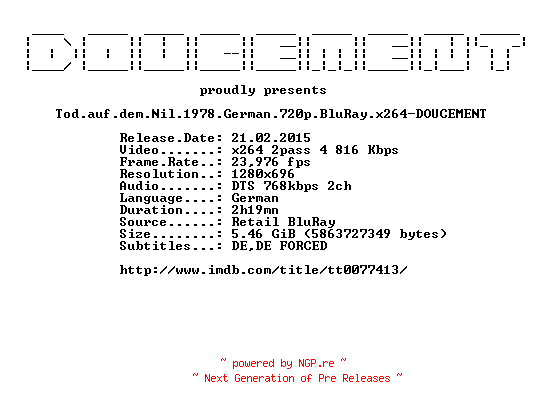 NFO for the release Tod.auf.dem.Nil.1978.German.720p.BluRay.x264-DOUCEMENT by DOUCEMENT