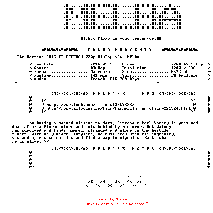 NFO for the release The.Martian.2015.TRUEFRENCH.720p.BluRay.x264-MELBA by MELBA