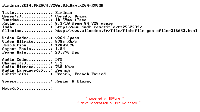 NFO for the release Birdman.2014.FRENCH.720p.BluRay.x264-ROUGH by ROUGH