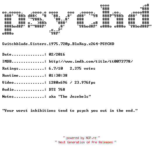 NFO for the release Switchblade.Sisters.1975.720p.BluRay.x264-PSYCHD by PSYCHD