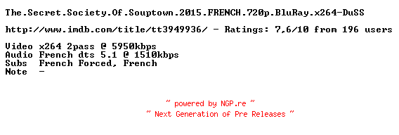 NFO for the release The.Secret.Society.Of.Souptown.2015.FRENCH.720p.BluRay.x264-DuSS by DuSS