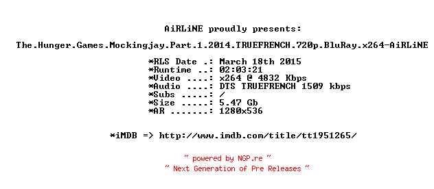 NFO for the release The.Hunger.Games.Mockingjay.Part.1.2014.TRUEFRENCH.720p.BluRay.x264-AiRLiNE by AiRLiNE