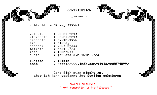 NFO for the release Schlacht.um.Midway.1976.German.720p.BluRay.x264-CONTRiBUTiON by CONTRiBUTiON