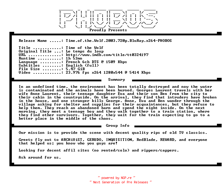 NFO for the release Time.of.the.Wolf.2003.720p.BluRay.x264-PHOBOS by PHOBOS
