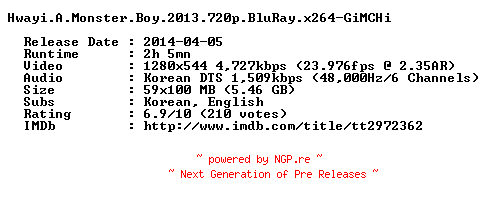 NFO for the release Hwayi.A.Monster.Boy.2013.720p.BluRay.x264-GiMCHi by GiMCHi