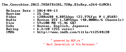NFO for the release The.Concubine.2012.THEATRiCAL.720p.BluRay.x264-GiMCHi by GiMCHi