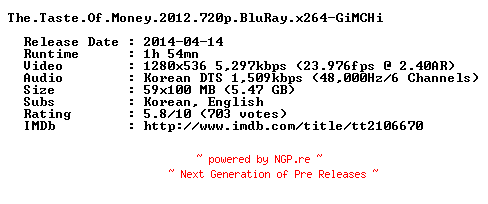 NFO for the release The.Taste.Of.Money.2012.720p.BluRay.x264-GiMCHi by GiMCHi