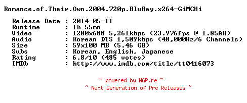 NFO for the release Romance.of.Their.Own.2004.720p.BluRay.x264-GiMCHi by GiMCHi