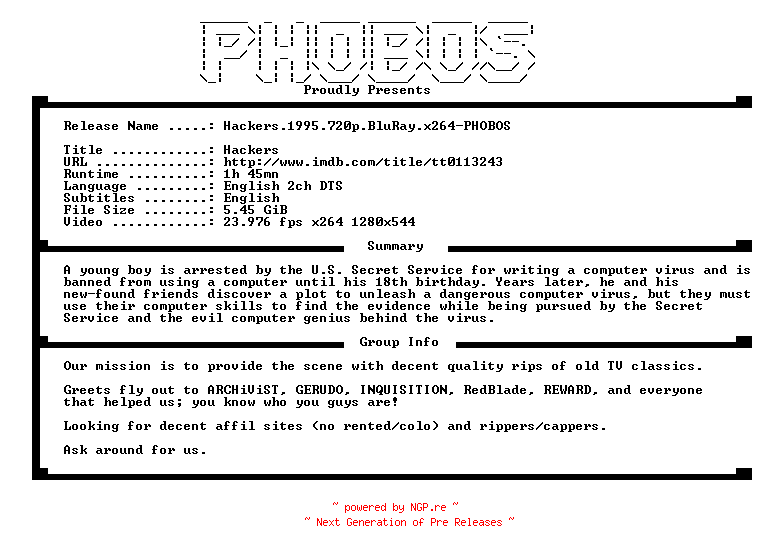 NFO for the release Hackers.1995.720p.BluRay.x264-PHOBOS by PHOBOS