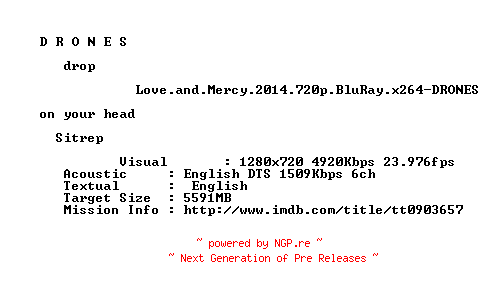 NFO for the release Love.And.Mercy.2014.720p.BluRay.x264-DRONES by DRONES