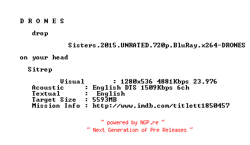 NFO for the release Sisters.2015.UNRATED.720p.BluRay.x264-DRONES by DRONES