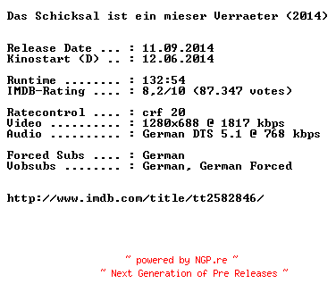 NFO for the release Das.Schicksal.ist.ein.mieser.Verraeter.EXTENDED.German.720p.BluRay.x264-EXQUiSiTE by EXQUiSiTE