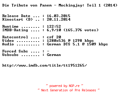 NFO for the release Die.Tribute.von.Panem.Mockingjay.Teil.1.German.720p.BluRay.x264-EXQUiSiTE by EXQUiSiTE