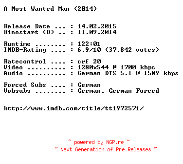 NFO for the release A.Most.Wanted.Man.German.720p.BluRay.x264-EXQUiSiTE by EXQUiSiTE