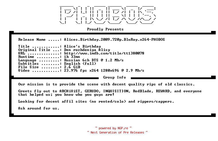 NFO for the release Alices.Birthday.2009.720p.BluRay.x264-PHOBOS by PHOBOS