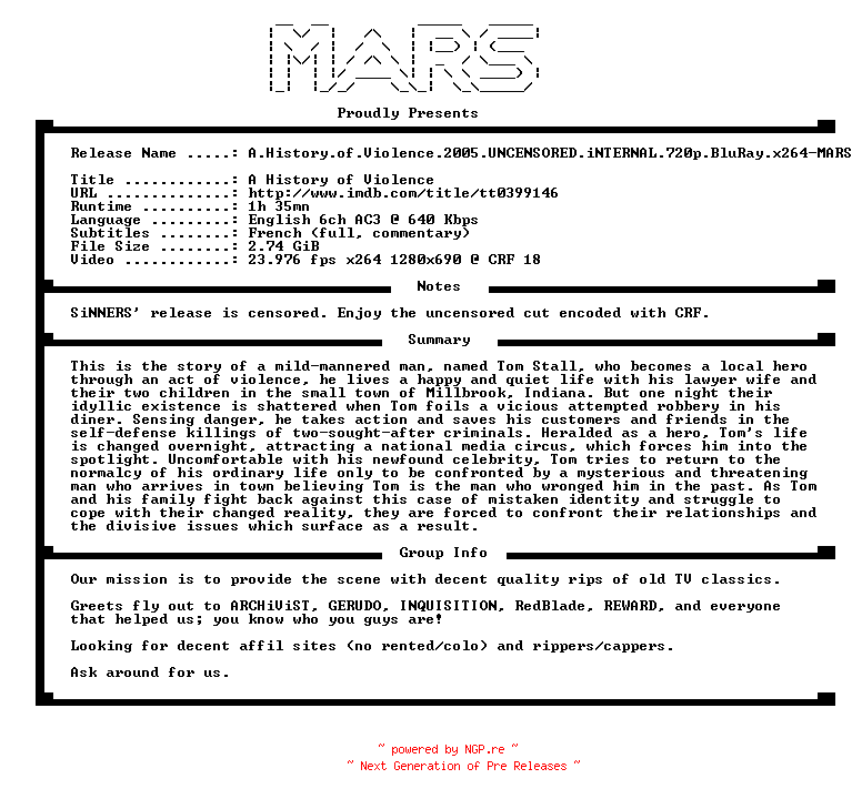 NFO for the release A.History.of.Violence.2005.UNCENSORED.iNTERNAL.720p.BluRay.x264-MARS by MARS
