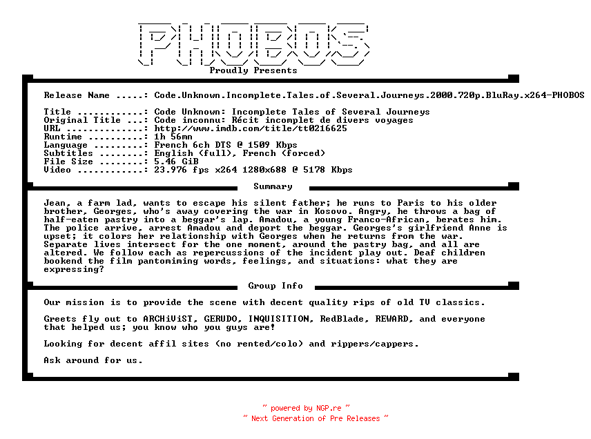 NFO for the release Code.Unknown.Incomplete.Tales.of.Several.Journeys.2000.720p.BluRay.x264-PHOBOS by PHOBOS