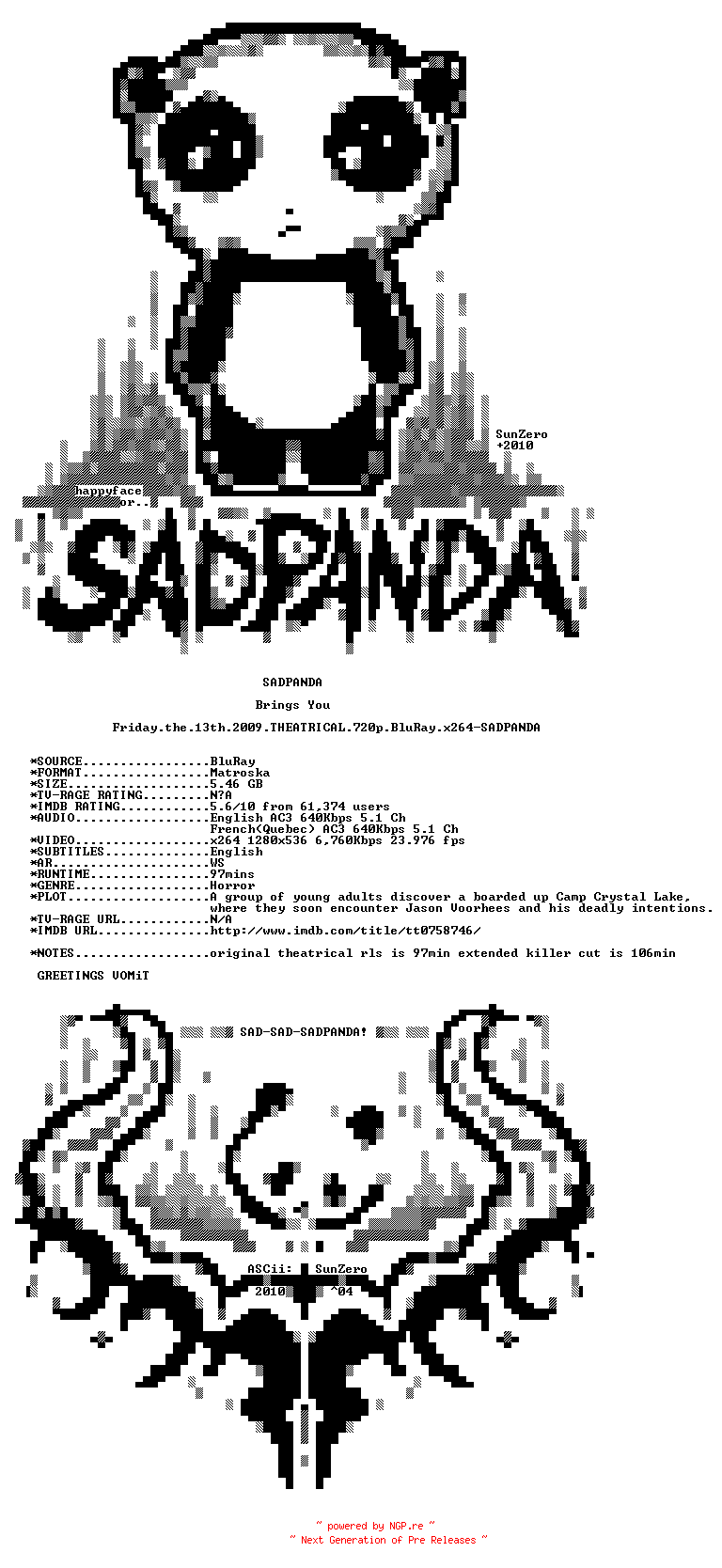 NFO for the release Friday.the.13th.2009.THEATRICAL.720p.BluRay.x264-SADPANDA by SADPANDA