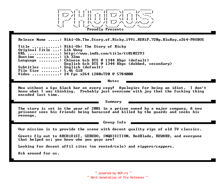 NFO for the release Riki-Oh.The.Story.of.Ricky.1991.RERiP.720p.BluRay.x264-PHOBOS by PHOBOS