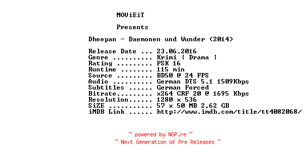 NFO for the release Dheepan.Daemonen.und.Wunder.2015.GERMAN.720p.BluRay.x264-MOViEiT by MOViEiT