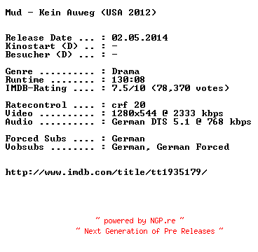 NFO for the release Mud.Kein.Ausweg.2012.German.720p.BluRay.x264-EXQUiSiTE by EXQUiSiTE