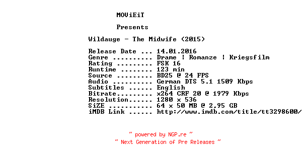 NFO for the release Wildauge.The.Midwife.German.720p.BluRay.x264-MOViEiT by MOViEiT