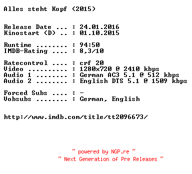 NFO for the release Alles.steht.Kopf.2015.German.DL.720p.BluRay.x264-EXQUiSiTE by EXQUiSiTE
