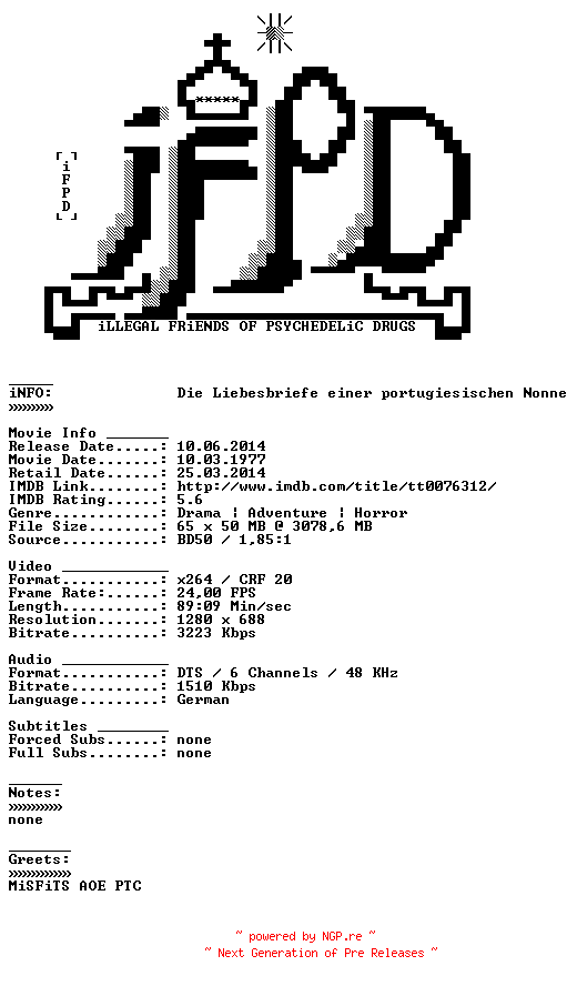 NFO for the release Die.Liebesbriefe.einer.portugiesischen.Nonne.1977.German.720p.BluRay.x264-iFPD by iFPD