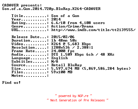 NFO for the release Son.of.a.Gun.2014.720p.BluRay.X264-CADAVER by CADAVER