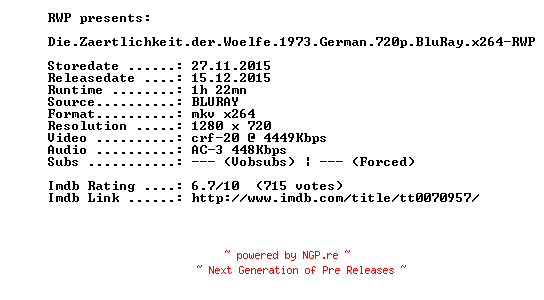 NFO for the release Die.Zaertlichkeit.der.Woelfe.1973.German.720p.BluRay.x264-RWP by RWP