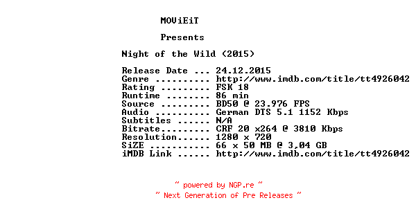 NFO for the release Night.of.the.Wild.3D.UNCUT.2015.German.720p.BluRay.x264-MOViEiT by MOViEiT