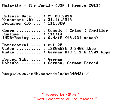 NFO for the release Malavita.The.Family.German.720p.BluRay.x264-EXQUiSiTE by EXQUiSiTE