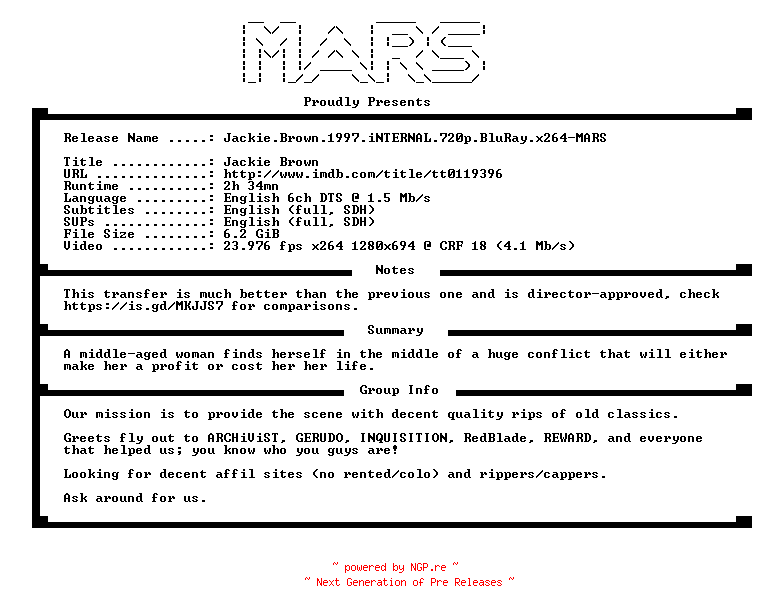 NFO for the release Jackie.Brown.1997.iNTERNAL.720p.BluRay.x264-MARS by MARS