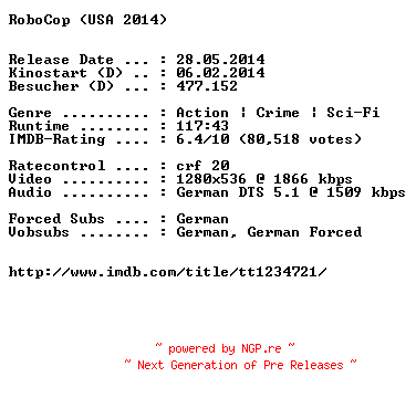 NFO for the release RoboCop.2014.German.720p.BluRay.x264-EXQUiSiTE by EXQUiSiTE