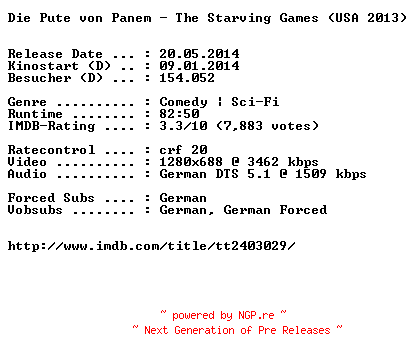 NFO for the release Die.Pute.von.Panem.The.Starving.Games.German.720p.BluRay.x264-EXQUiSiTE by EXQUiSiTE