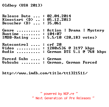 NFO for the release Oldboy.2013.German.720p.BluRay.x264-EXQUiSiTE by EXQUiSiTE