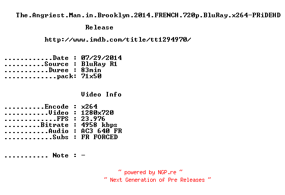 NFO for the release The.Angriest.Man.in.Brooklyn.2014.FRENCH.720p.BluRay.x264-PRiDEHD by PRiDEHD