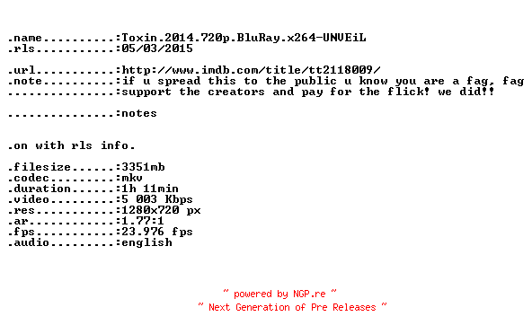 NFO for the release Toxin.2014.720p.BluRay.x264-UNVEiL by UNVEiL