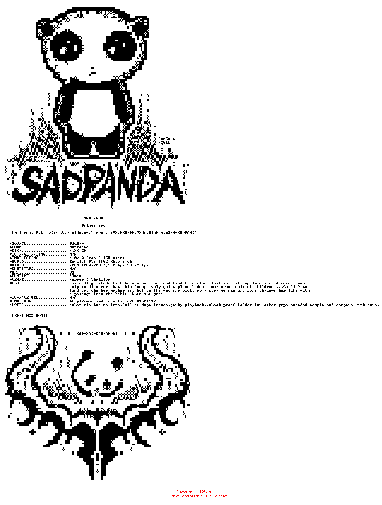 NFO for the release Children.of.the.Corn.V.Fields.of.Terror.1998.PROPER.720p.BluRay.x264-SADPANDA by SADPANDA