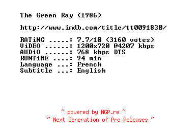 NFO for the release The.Green.Ray.1986.720p.BluRay.x264-MELiTE by MELiTE