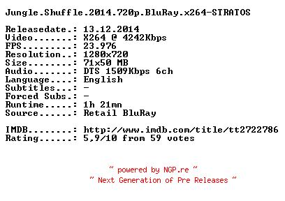 NFO for the release Jungle.Shuffle.2014.720p.BluRay.x264-STRATOS by STRATOS