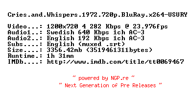 NFO for the release Cries.and.Whispers.1972.720p.BluRay.x264-USURY by USURY