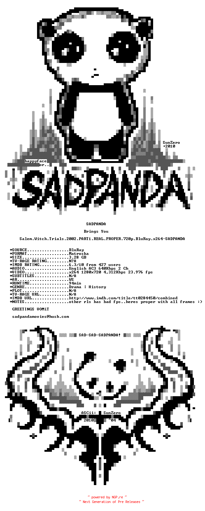 NFO for the release Salem.Witch.Trials.2002.PART1.REAL.PROPER.720p.BluRay.x264-SADPANDA by SADPANDA