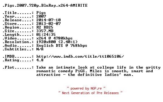 NFO for the release Pigs.2007.720p.BluRay.x264-AMIRITE by AMIRITE