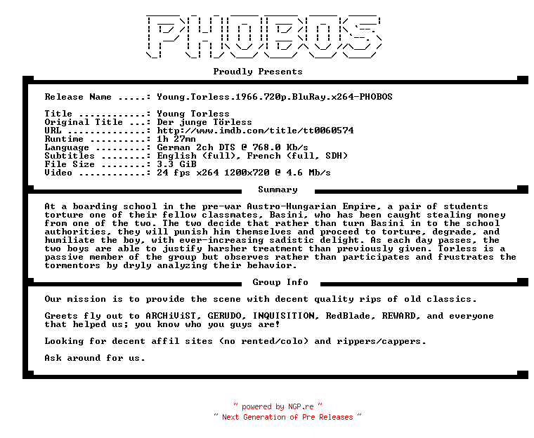 NFO for the release Young.Torless.1966.720p.BluRay.x264-PHOBOS by PHOBOS