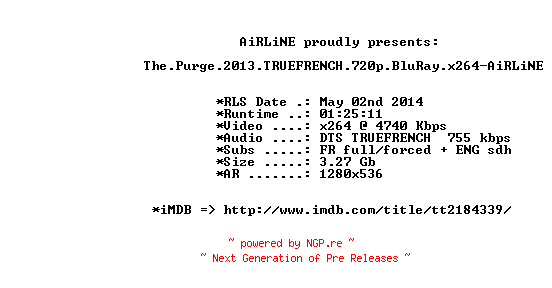NFO for the release The.Purge.2013.TRUEFRENCH.720p.BluRay.x264-AiRLiNE by AiRLiNE