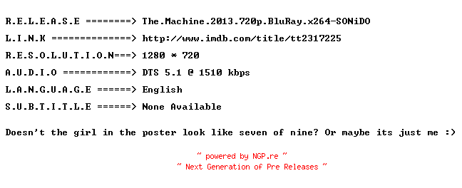 NFO for the release The.Machine.2013.720p.BluRay.x264-SONiDO by SONiDO